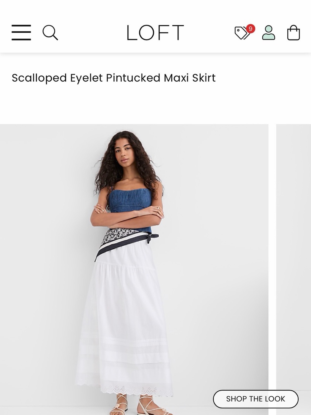 LOFT White Scalloped Eyelet Pintucked Maxi Skirt with Navy Waist Tie